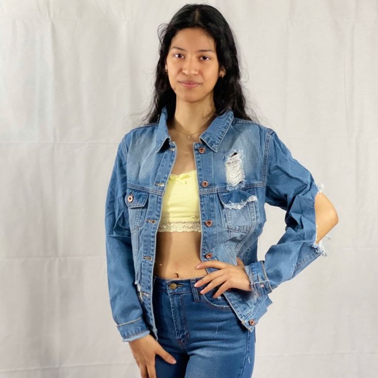 Women's Distressed Loose-Fit Boyfriend Ripped Hole Denim Jean Jacket. Casual Fitted Ripped Denim Jacket, Fitted Ripped Denim Jacket In Dark Wash, Casual Ripped Fitted Denim Jacket, Trendy Ripped Medium Wash Denim Top, Fitted Ripped Denim Jacket, Ripped Light Wash Denim Outerwear, Trendy Ripped Button-up Denim Jacket, Ripped Light Wash Button-up Outerwear, Spring Ripped Button-up Denim Jacket