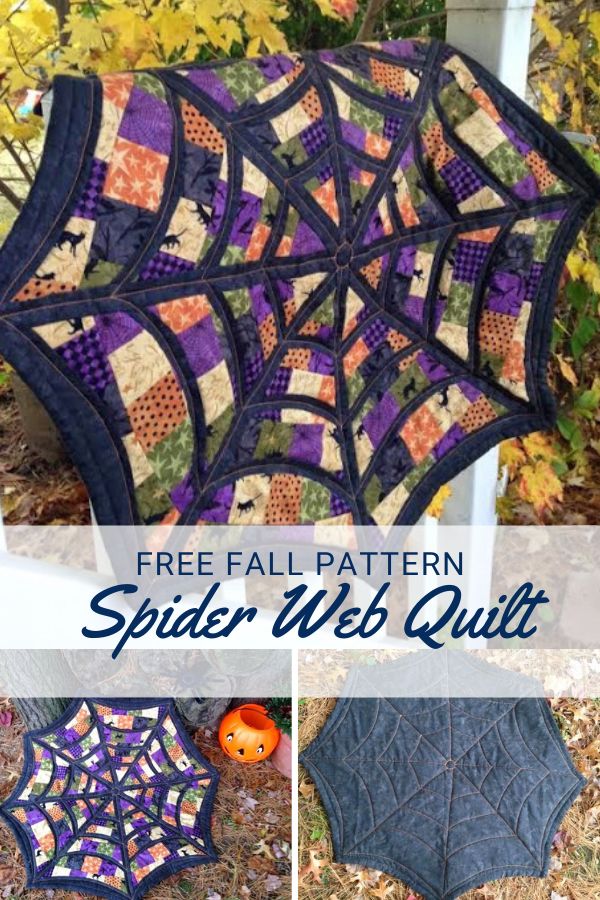 a spider web quilt is shown with pumpkins in the background