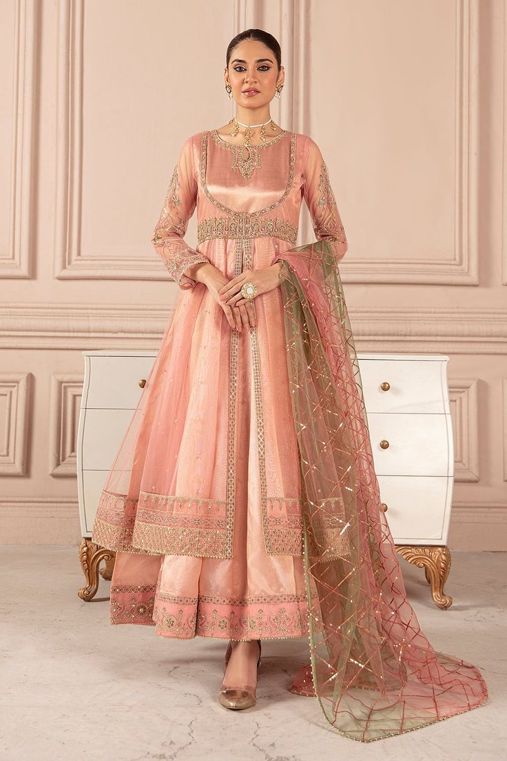 Blush Pink Embroidered Pakistani Pishwas Frock Dupatta Party Dress Designer Mirror Work Dresses For Eid, Bollywood Style Dress With Intricate Embroidery For Diwali, Bollywood Dresses With Intricate Embroidery For Diwali, Traditional Embellished Organza Anarkali Set, Semi-stitched Dress With Mirror Work For Eid, Navratri Anarkali Dress With Resham Embroidery, Navratri Reception Dress With Resham Embroidery, Eid Reception Organza Dresses, Semi-stitched Anarkali Dress For Reception