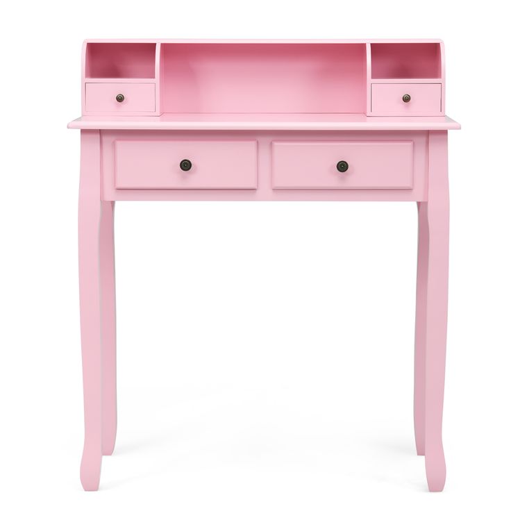 a pink desk with two drawers and one drawer on the top, in front of a white background