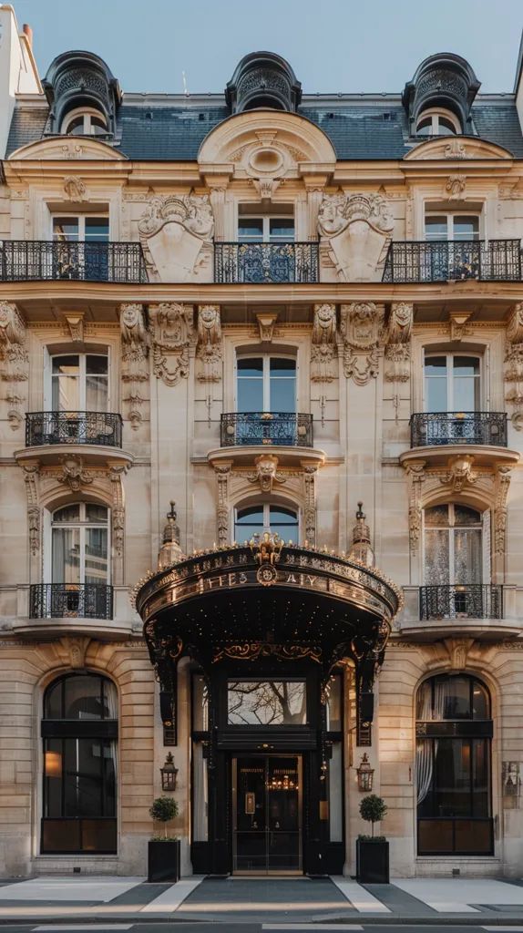 the front entrance to an elegant hotel in paris, with its ornate facade and balconies