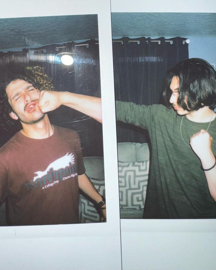 two polaroid photos of a man and woman in the same room, one is brushing his hair