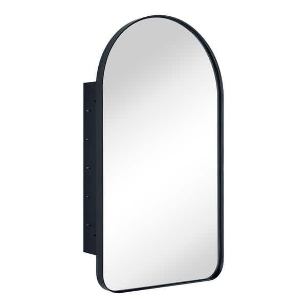 an oval mirror mounted to the side of a black metal wall mount vanity light fixture