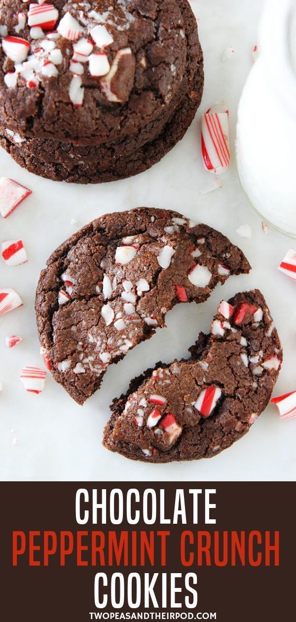 chocolate peppermint crunch cookies on a plate with candy canes and marshmallows