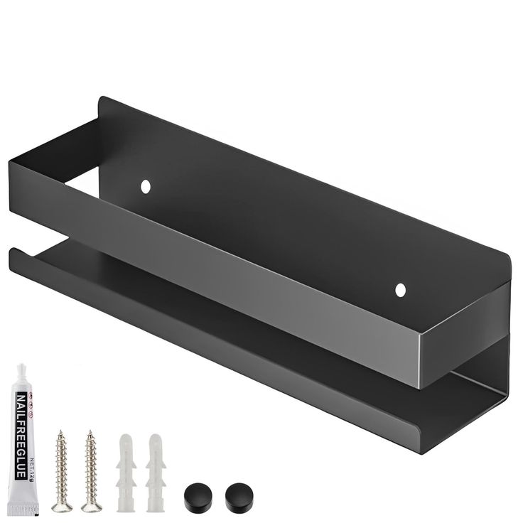 a metal shelf with screws and nails on the bottom, along with other accessories