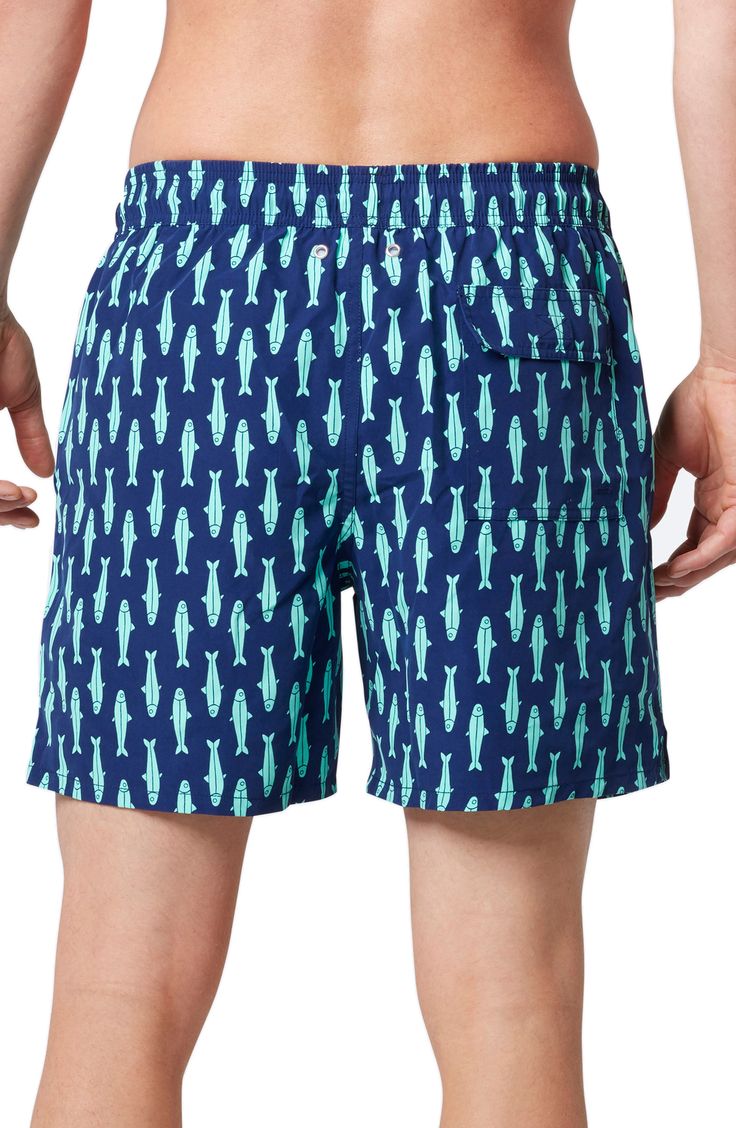 Sardines swim across quick-drying swim trunks designed with a chlorine- and salt-resistant finish so they're wearable at the pool or beach. Elastic/drawstring waist Side-seam pockets; back hook-and-loop flap pocket UPF 50+ sun protection Mesh liner 100% polyester Machine wash, line dry Imported Kids' Wear Green Cotton Shorts For Pool, Blue Swimwear With Drawstring For Vacation, Blue Drawstring Swimwear For Vacation, Navy Go-dry Bottoms For Summer, Moisture-wicking Blue Swimwear For Beach Season, Blue Moisture-wicking Swimwear For Beach Season, Blue Moisture-wicking Swimwear, Cotton Swim Trunks With Upf 50+ For Vacation, Blue Swim Trunks With Built-in Shorts For Pool