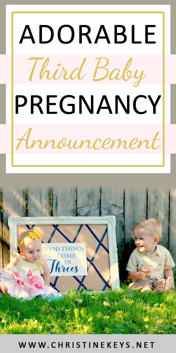 two babies sitting in front of a sign that says, adorable third baby pregnancy announcement