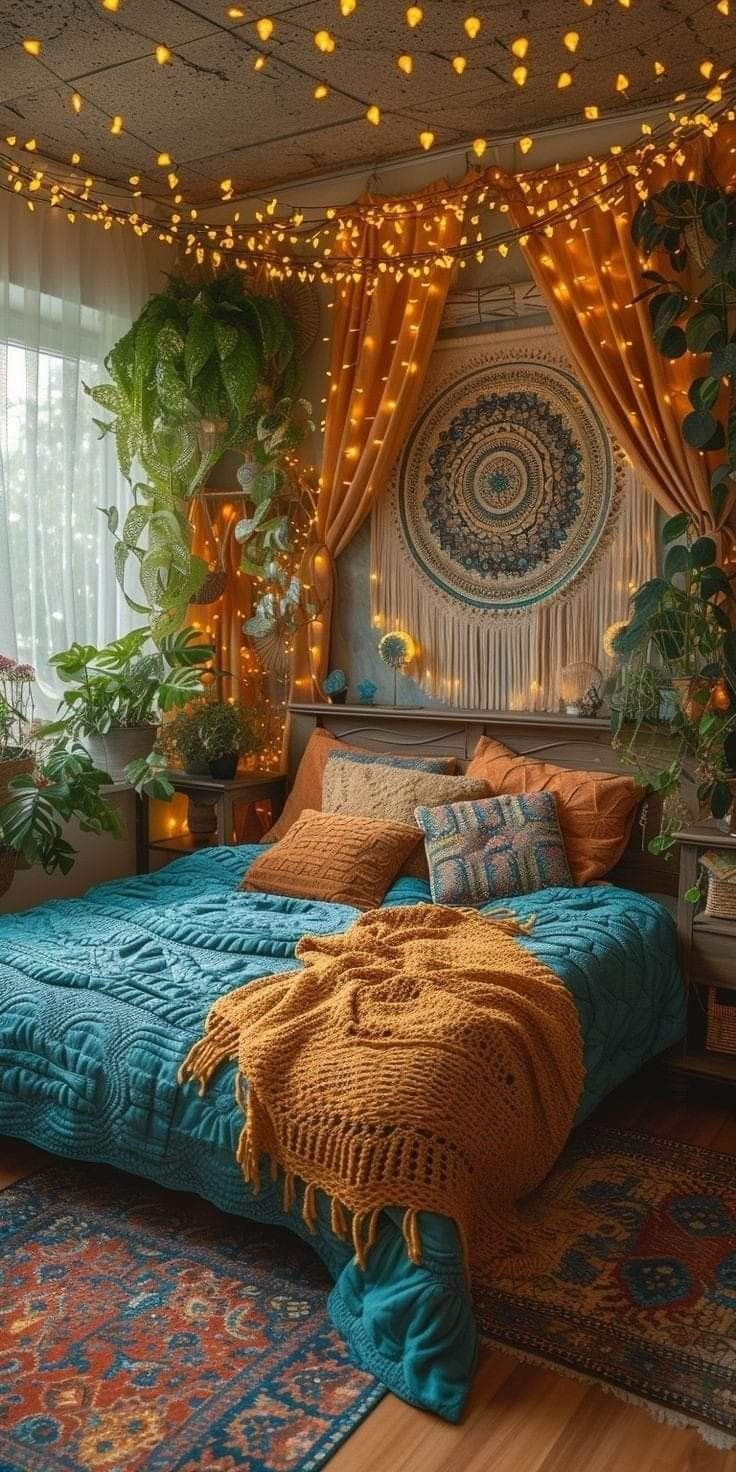 a bed room with a neatly made bed and lots of lights