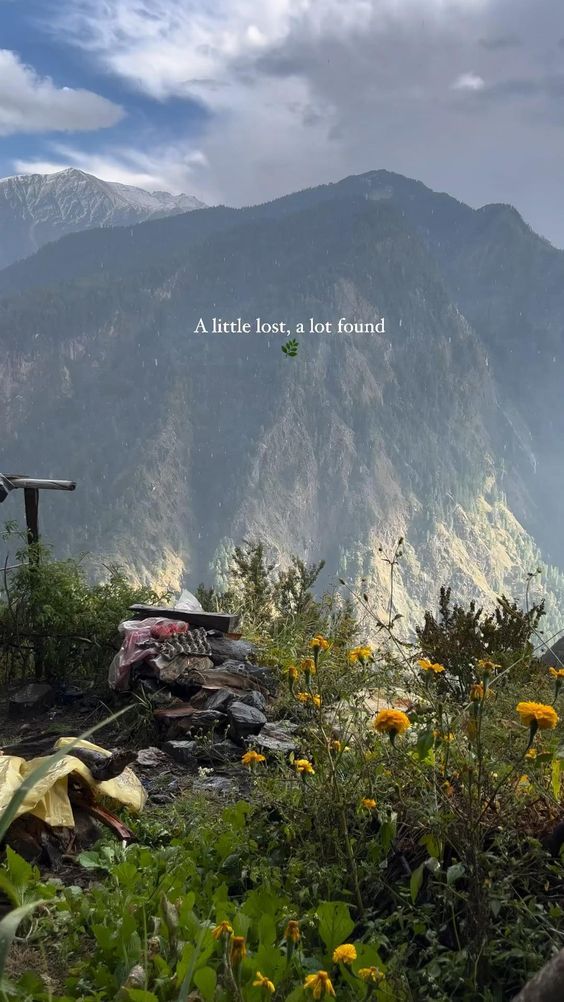 a motorcycle that is sitting in the grass near some flowers and mountains with a quote on it