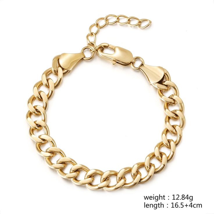 This classic link chain bracelet is 18K gold plated on durable stainless steel. An elegant and timeless option, the link chain bracelet is perfect for everyday wear. Elegant Metal Cuban Link Chain Bracelet, Trendy Gold Chain Cuban Link Bracelet, Trendy Gold Chain Bracelet With Cuban Link, Trendy Cuban Link Gold Chain Bracelet, Classic Cuban Link Bracelet With Chunky Chain For Everyday, Classic Cuban Link Chain Bracelet With Adjustable Chain, Classic Link Chain Charm Bracelet, Classic Chain Link Charm Bracelet, Modern Cuban Link Bracelet With Adjustable Chain