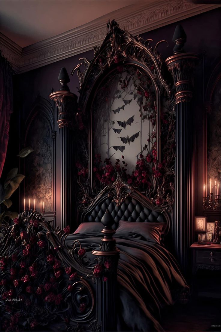 a gothic bedroom with bats on the wall