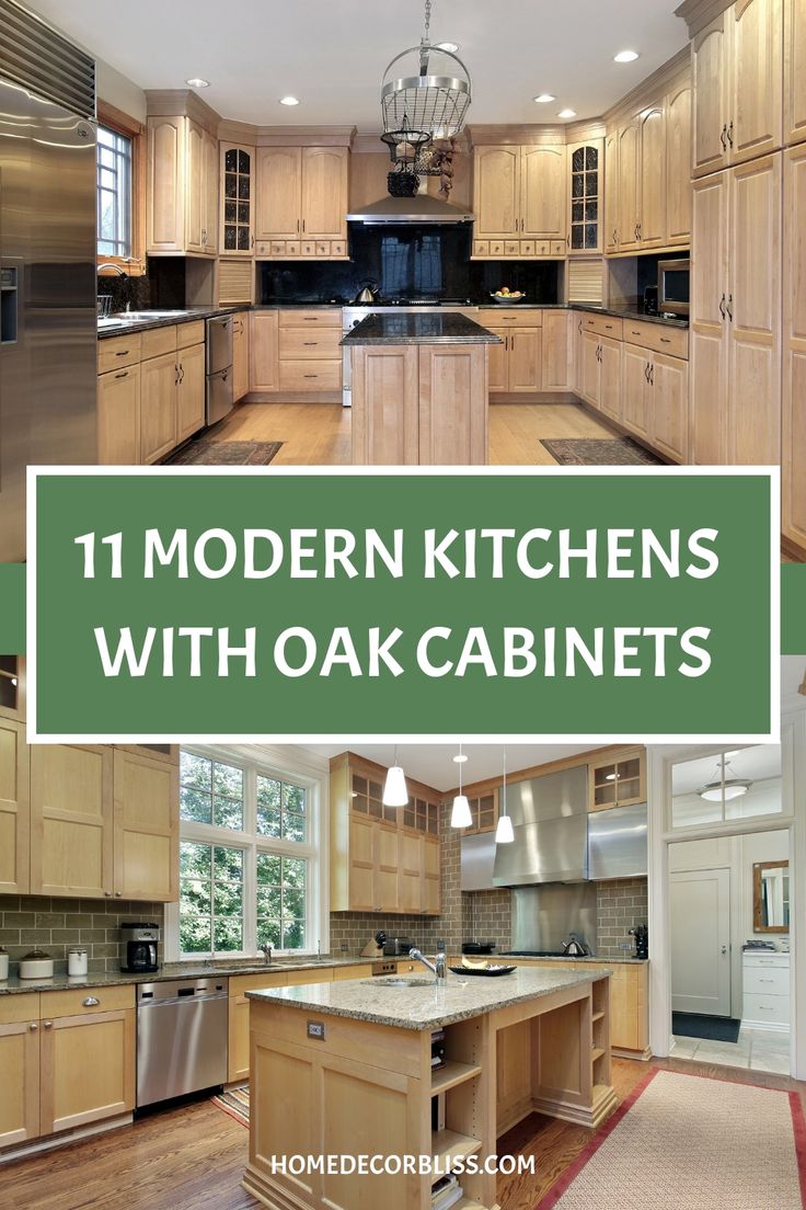 modern kitchen with oak cabinets in the middle and an open floor plan on the other side