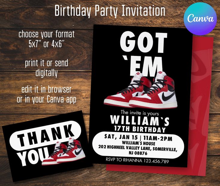 a birthday party card with a pair of sneakers on it