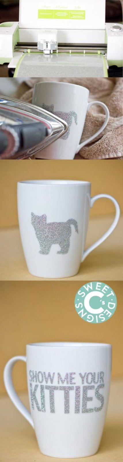 two coffee cups with the words show me your kittens printed on them, next to a cricut machine