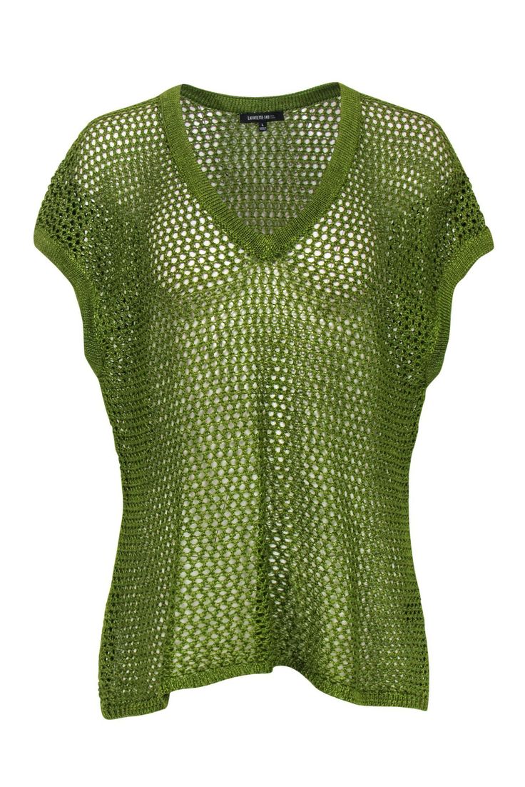 Current Boutique-Lafayette 148 - Nepeta Green Open Knit Sleeveless Sweater Sz L Open Knit Layering Tank Top, Green V-neck Sweater Vest For Summer, Green Knitted V-neck Top, Fall Sleeveless Open Knit Top, Green Stretch Open Knit Top, Pointelle Knit Sweater Vest For Spring, Sleeveless Crochet Knit Top For Layering, Green Open Knit V-neck Top, Chic Pointelle Knit Vest