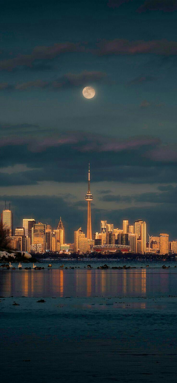 the full moon is setting over a city skyline