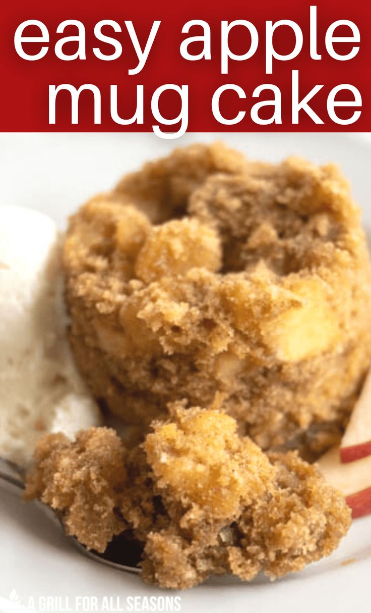 an easy apple muffin cake recipe on a white plate with a red and white background