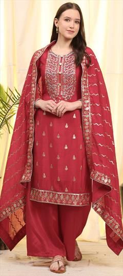 Red and Maroon color Salwar Kameez in Crepe Silk fabric with Embroidered, Zari work Red Churidar For Wedding With Traditional Drape, Red Unstitched Dola Silk Suit With Zari Work, Red Unstitched Suit For Reception With Traditional Drape, Red Anarkali Unstitched Suit For Reception, Red Unstitched Suit For Reception And Festivals, Red Churidar With Dupatta For Wedding, Red Wedding Churidar With Pallu, Red Churidar For Wedding And Festivals, Red Churidar For Wedding And Eid