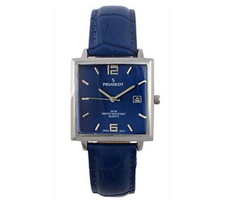 An attractive timely accessory, this stainless steel and leather strap watch keeps you fashionably on track. From Peugeot. Rectangular Leather Analog Watch Accessories, Rectangular Chronograph Watch For Business, Rectangular Chronograph Watch Accessories For Business, Modern Square Leather Watch, Business Chronograph Watch With Rectangular Face, Rectangular Dial Watches With Leather Strap For Office, Office Watches With Leather Strap And Rectangular Dial, Blue Rectangular Business Watches, Office Watches With Rectangular Dial And Leather Strap