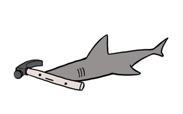 a drawing of a shark with a hammer in it's mouth, on a white background