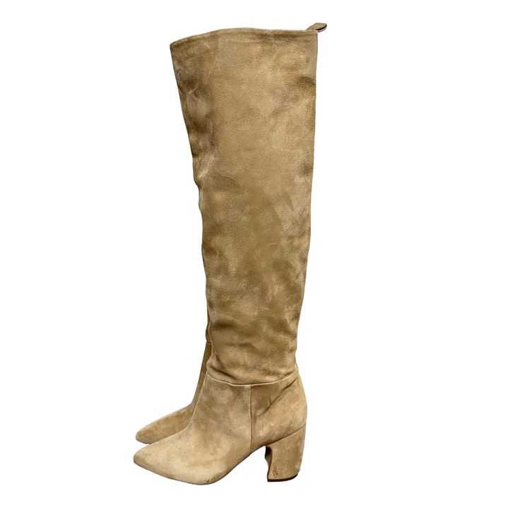 Sam Edelman Hutton Over-The-Knee Boot Suede Tan Leather Pull On Heeled. Suede high heel knee high boots. block-heel boot with a slightly pointed toe, almond shaped toe. Pull on style boot. Note that boots are photographed with a boot holder on the inside, there is some slouchy ness to these boots. Classic neutral heeled boots to pair with denim or tights! Color is a neutral tan beige oatmeal. See photos for light signs of wear, a few light spots. Leather Upper Women's size 8 MSRP $224 Tights Color, High Heel Knee High Boots, Boot Holder, Heel Knee High Boots, Neutral Heels, Suede High Heels, Light Spots, Heel Boot, Tan Boots