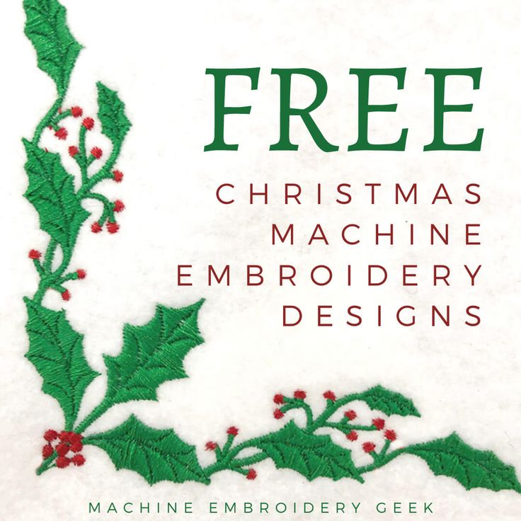 a machine embroidery pattern with holly leaves and red berries on white background, text reads free christmas machine embroidery designs