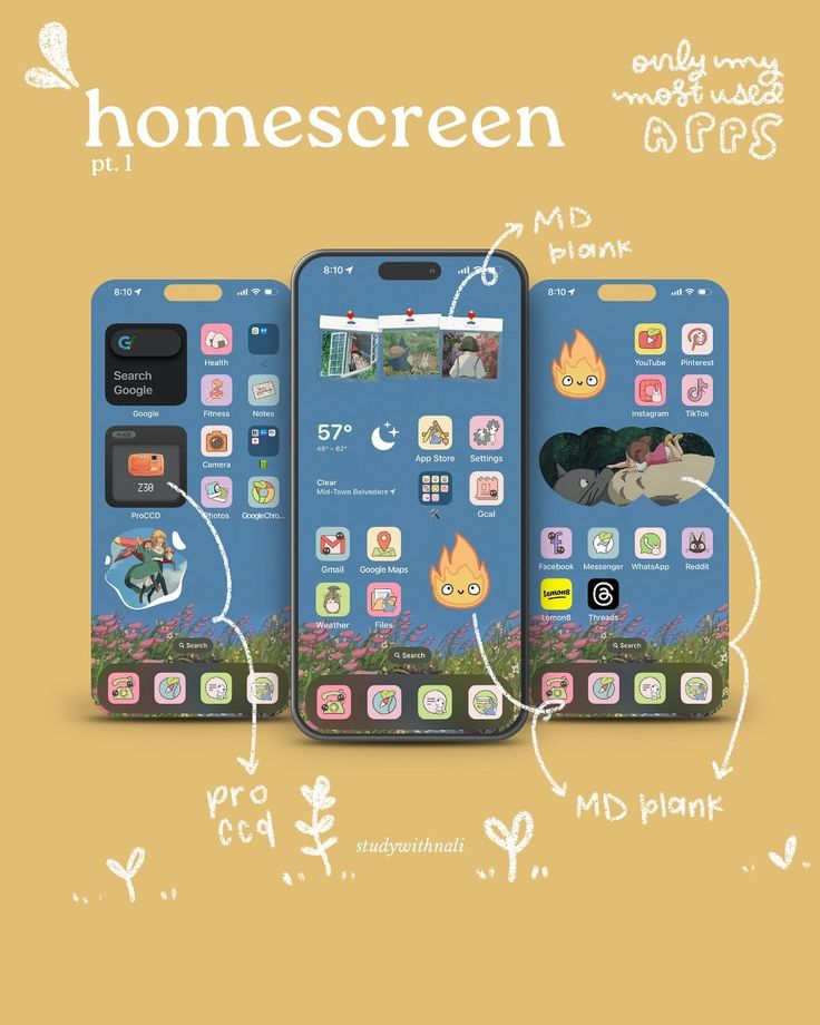 three cell phones with icons on them and the words home screen in english, french, and