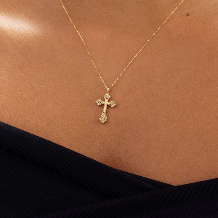 "1- P R O D U C T ∙ D E S C R I P T I O N This 14k gold cross necklace is a beautiful and timeless piece of jewelry, perfect for everyday wear or special occasions. The 14k gold material offers a stunning shine and durability, ensuring that this necklace will last for years to come. The cross design adds a touch of elegance and spirituality, making it a thoughtful gift for anyone who values faith. 2- P R O D U C T ∙ D E T A I L S Diamond quality: * Diamond carat: 0.06 ct. * Clarity: SI2 * Color: Golden Cross Jewelry, Cross Gold Necklace Womens, Cross Necklace Womens Gold, Real Gold Cross Necklace For Women, Elegant Cross Necklace, Real Gold Cross Necklace, Vintage Gold Cross Necklace, Vintage Cross Jewelry, Crucifix Necklace Aesthetic