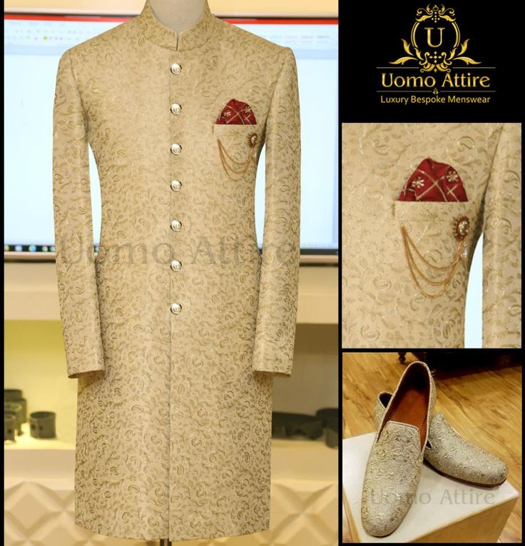 Description Completely Embroided Fabric Sherwani & Shoes with perfect fit for a perfect occassion. Sherwani Shoes, Ivory Sherwani, Prince Style, Men's Suiting, Prince Suit, Man Dress Design, Indian Wedding Clothes For Men, Formal Attire For Men, Sherwani For Men Wedding