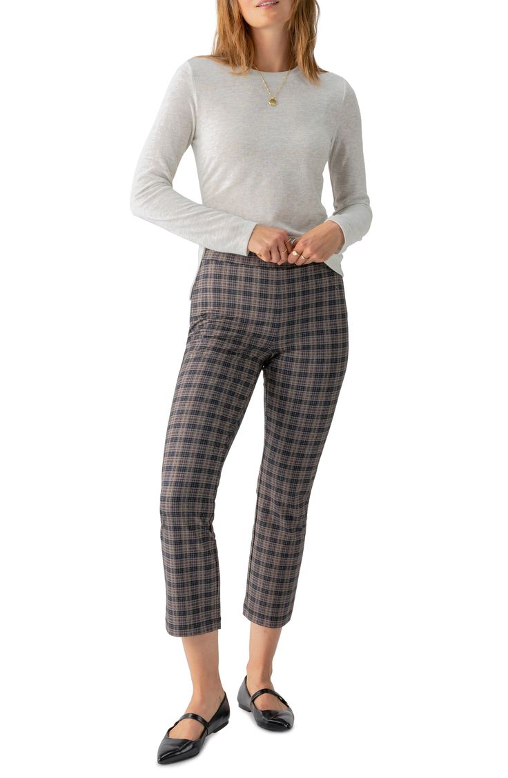 Rich jewel tones light up a pair of posh plaid pants fashioned with an on-trend high waist and straight-leg, cropped silhouette. 27" inseam; 15" leg opening; 11" front rise; 14" back rise (size Medium)) 35% recycled polyester, 32% polyester, 29% rayon, 4% spandex Machine wash, dry flat Imported Fall Cropped Leg Elastane Pants, Elastane Cropped Pants For Fall, Fall Stretch Cropped Leg Pants, Stretch Plaid Bottoms For Fall, Stretch Cropped Leg Pants For Fall, Chic Fitted Plaid Bottoms, Elegant High-waisted Plaid Pants, Chic Plaid Straight Leg Bottoms, Plaid Straight Leg Pants For Fall