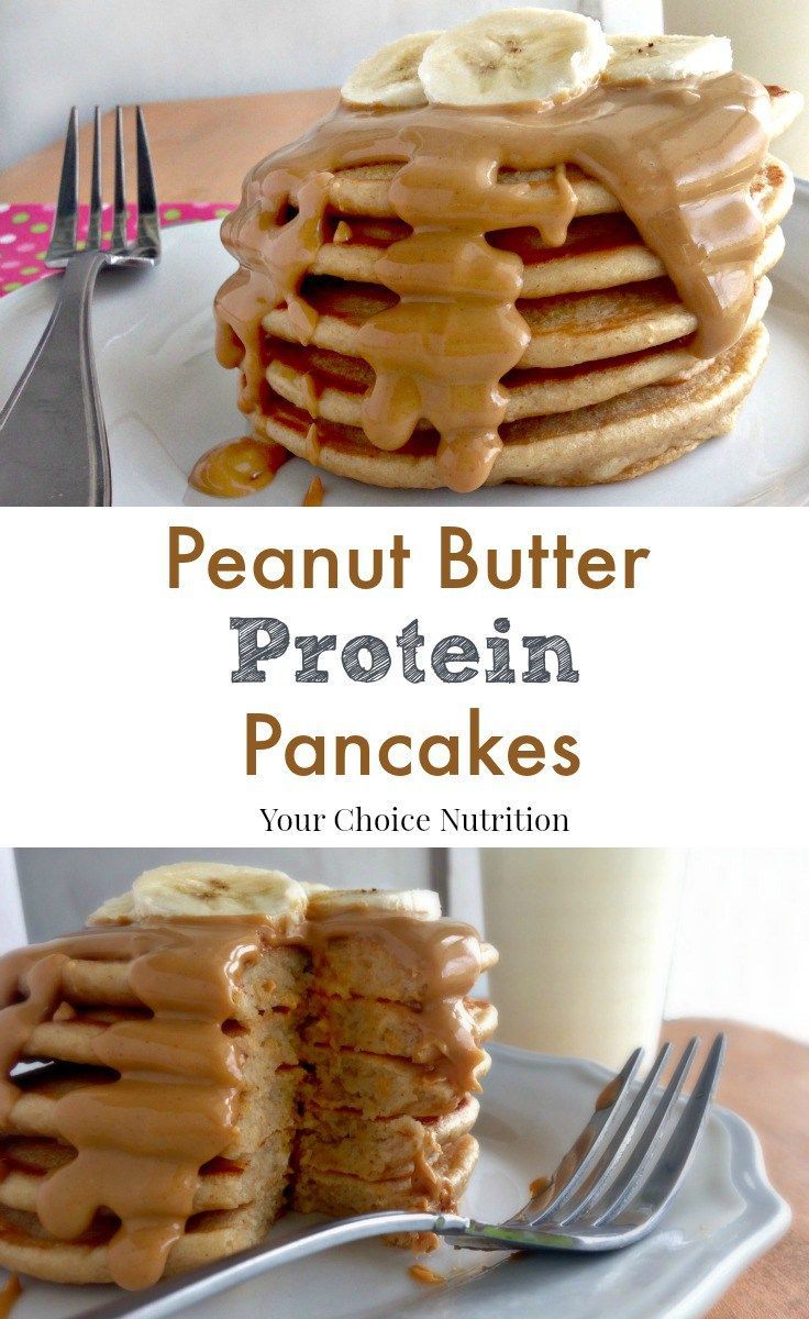 a stack of pancakes covered in peanut butter and syrup