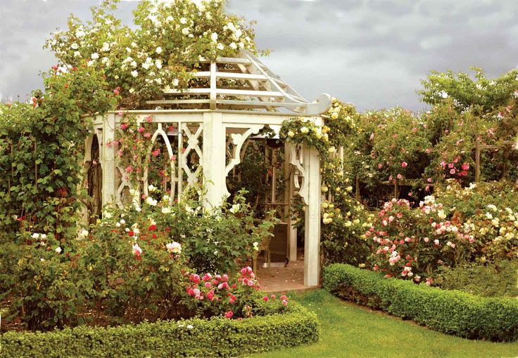 a white gazebo surrounded by hedges and flowers