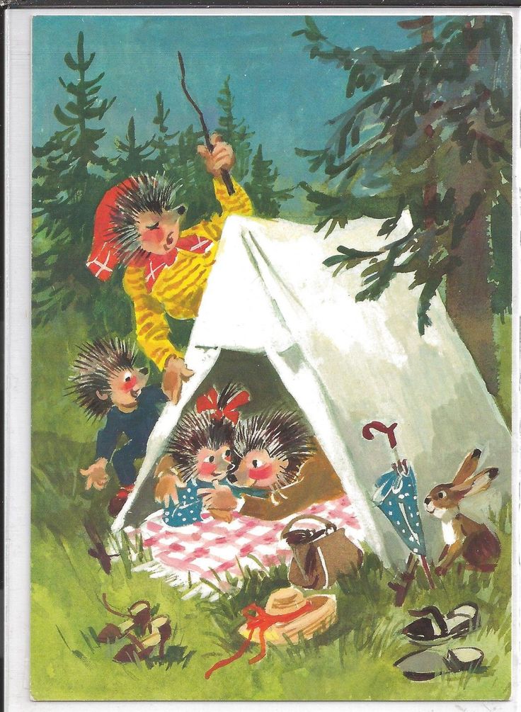 an old children's book cover with animals and a tent in the woods,