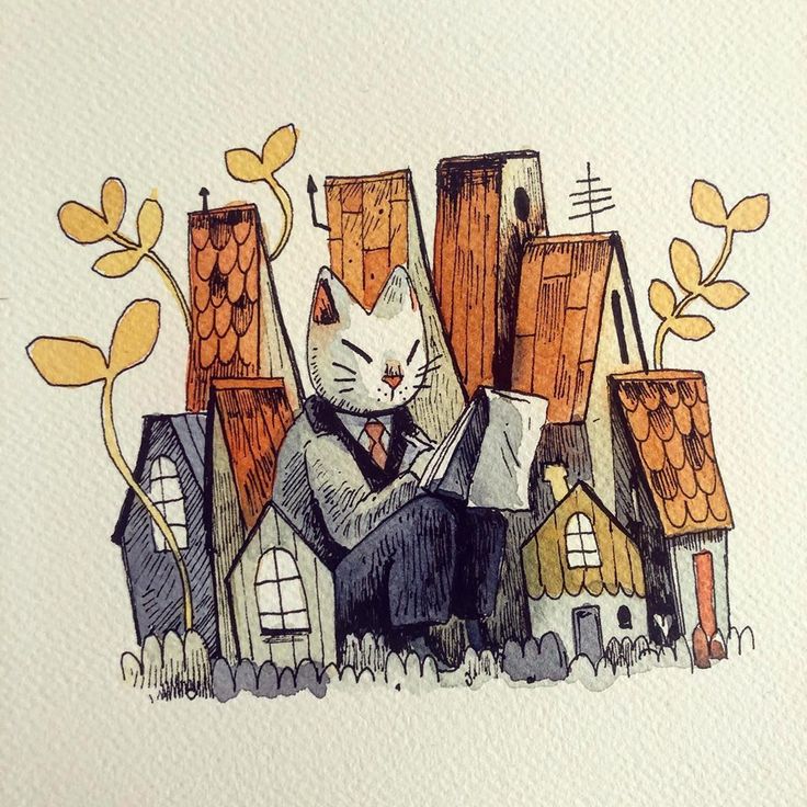 a drawing of a cat sitting on top of a house