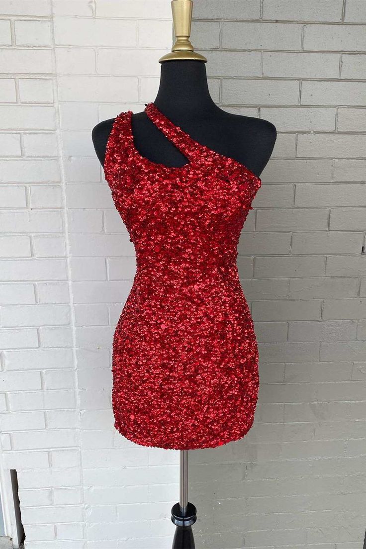 Red One Shoulder Cutout Short Homecoming Gown Sequined Cocktail Dress Red Sparkle Hoco Dress, Red Dresses For Homecoming, Short Red Hoco Dresses, Red Homecoming Dresses Short, Red Hoco Dress, Mini Homecoming Dress, Cocktail Dress Outfit, Cutout Shorts, Mini Homecoming Dresses