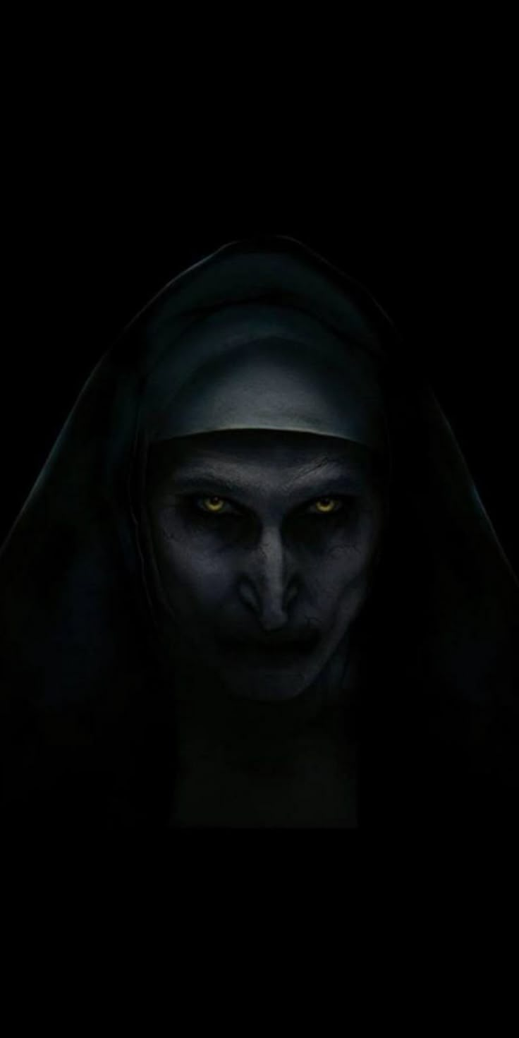 a creepy looking person in the dark with yellow eyes and black hair, wearing a nun costume