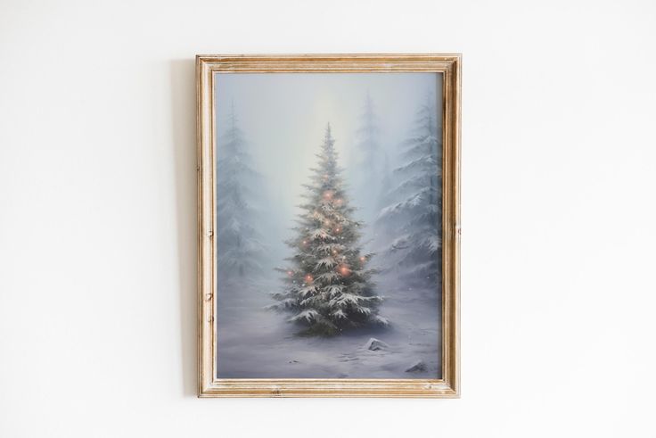 a painting of a christmas tree on the wall