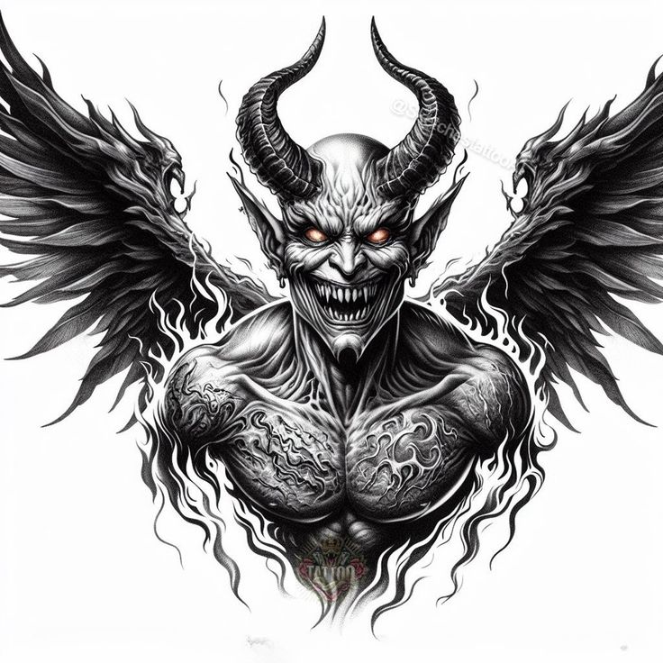 an image of a demon with wings on it's chest and eyes painted in black ink