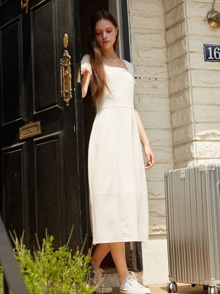 This is a trendy and feminine dress by LAMARO that is made out of high quality and sturdy material. With distinctive mood of the design and comfortable wear, you can style it for your casual daily outfit.- Cool touch of fabric- Drapery skirt and slim top- Casual and feminine mood Off White A-line Midi Dress For Daywear, Spring Midi Dress With Straight Neckline For Day Out, Spring Midi Dress For Day Out With Straight Neckline, Chic Daywear Dresses With Straight Neckline, Chic Dresses With Straight Neckline For Daywear, Feminine Cream Cotton Midi Dress, White Maxi Dress With Straight Neckline For Day Out, Chic Maxi Dress With Straight Neckline For Daywear, Chic White Midi Dress For Spring