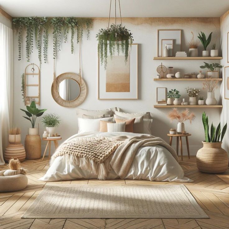 a bedroom with white walls and wooden flooring, plants on the shelves above the bed