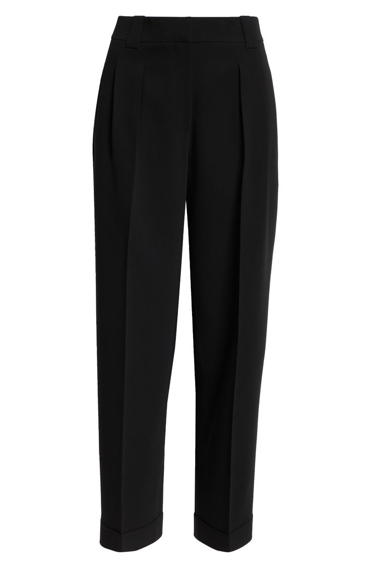 These pleated high-waist pants are immaculately tailored in a cuffed barrel-leg silhouette from signature Finesse crepe that's tactile with impeccable drape. Precision darting in back lends a flawless fit. 27" inseam; 19" leg opening; 12 1/2" front rise; 18" back rise (size 8) Zip fly with hook-and-bar closure Side-seam pockets; back welt pockets 71% acetate, 29% polyester Dry clean Imported Designer Clothing Elegant Wide Leg Tapered Pants, Elegant Tapered Wide Leg Pants, Elegant Tapered Wide-leg Pants, Elegant Bottoms With Pleated Waist And Tapered Leg, Chic Tapered Bottoms For Formal Occasions, Chic Tapered Formal Bottoms, Elegant Pleated Pants For Business, Elegant Pleated Dress Pants With Tapered Leg, Formal Pleated Pants With Tapered Leg