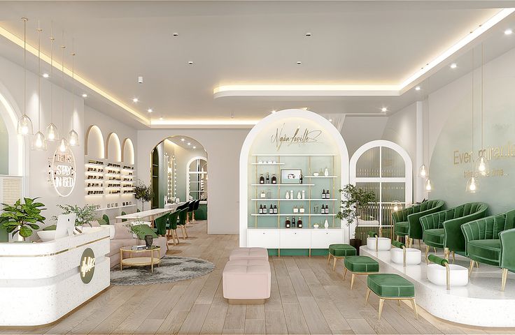 the interior of a nail salon with green chairs