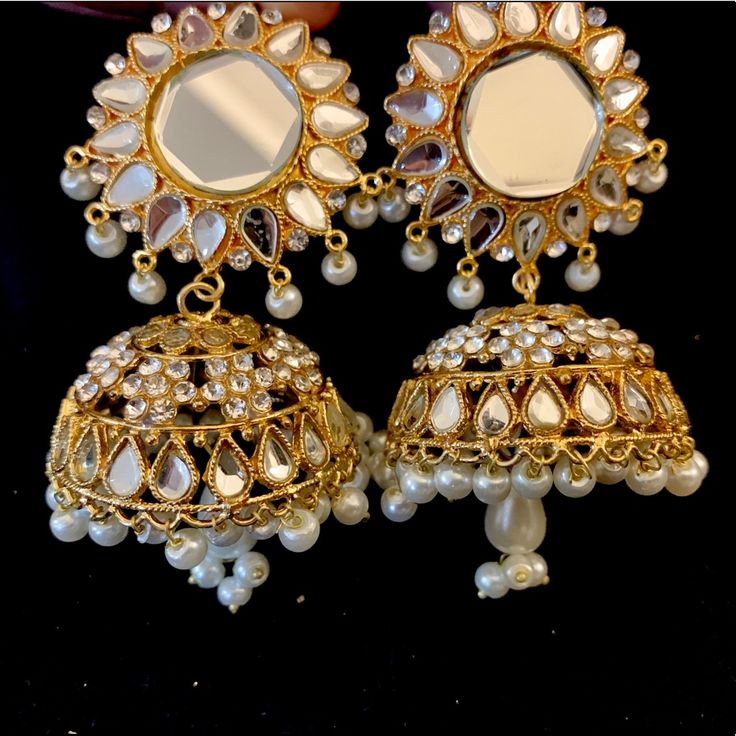 Beautiful Gold Mirror Chandelier Statement Earrings! South Asian Ethnic Jhoomka Earrings Gorgeous Statement Earrings Intricate Detail Mirror Accents Pearl Center Dangle New Without Tags See Photos For Details Bundle Or Offer For A Discount Heavy White Chandelier Earrings For Festive Occasions, White Chandelier Earrings With Latkans For Diwali, White Chandelier Earrings For Diwali, White Chandbali Chandelier Earrings For Festive Occasions, White Chandelier Earrings For Diwali Celebration, White Chandbali Chandelier Earrings For Party, Traditional White Chandelier Earrings, Elegant Heavy Jhumkas For Festival, Elegant Jhumkas For Festive Occasions