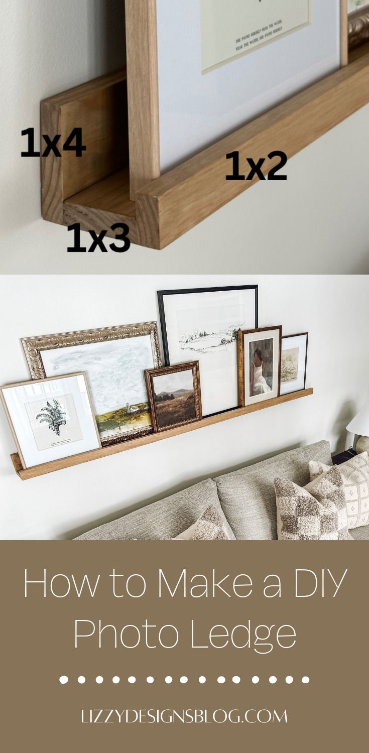 photo ledge with framed art Diy Photo Shelf Picture Ledge, Picture Ledge Placement, Shelf With Picture Frames Above Bed, Diy Above Bed Shelf, Diy Wood Ledge Shelf, Picture Ledge Above Dresser, Wood Ledge Shelf, Behind Couch Picture Ledge, Diy Photo Shelf