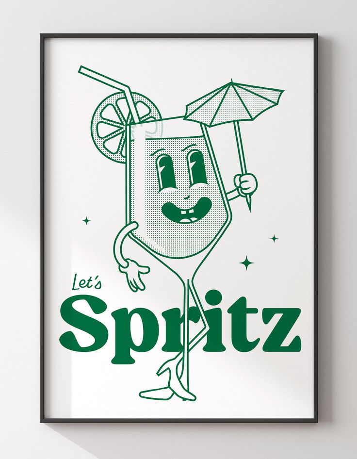 a green and white poster with the words spritz on it's side