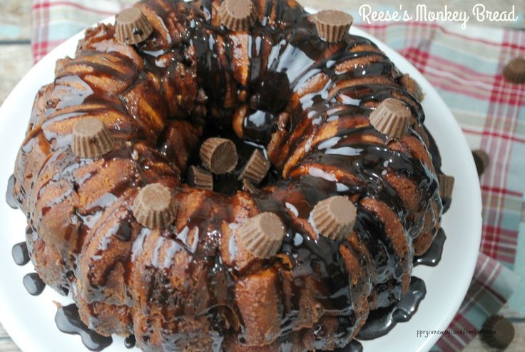 a bundt cake with chocolate and peanut butter on top