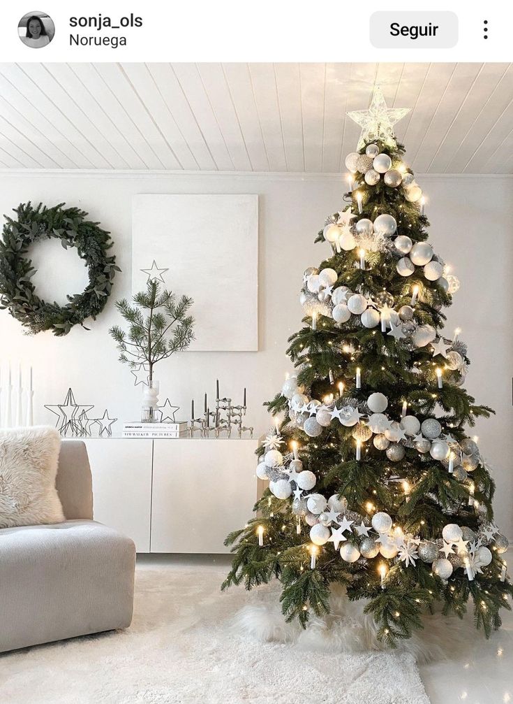 a decorated christmas tree in a living room with white and silver ornaments on the top