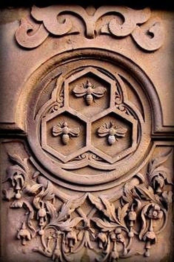 an ornate carving on the side of a building with flowers and leaves around it's center