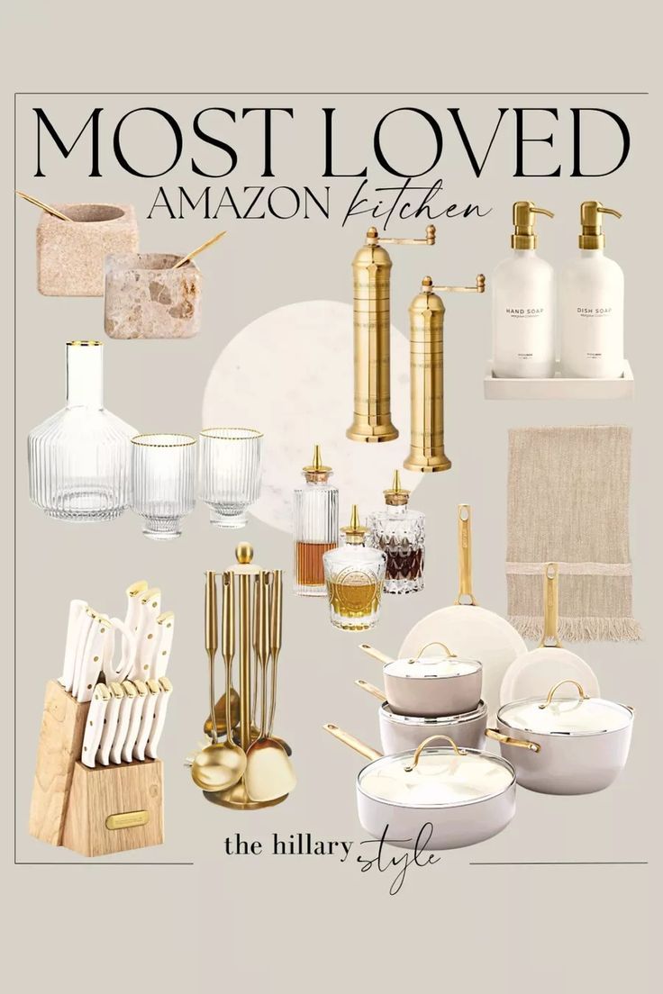 the cover of most loved amazon kitchen items, including dishes and utensils in gold