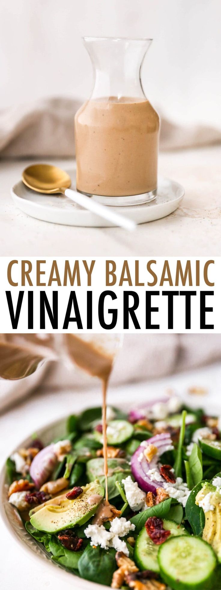 creamy balsamic vinaigrette being poured onto a plate with cucumbers